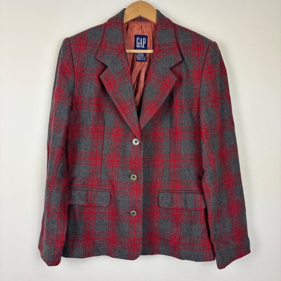 VTG GAP Womens Wool Blend Blazer Jacket SZ Medium Plaid Red Gray Academia Preppy - Picture 1 of 8
